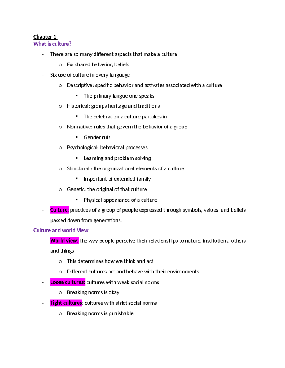 Text book notes - Chapter 1 What is culture? There are so many ...