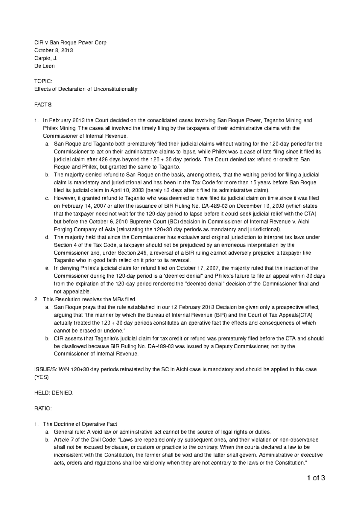 CIR VS SAN Roque - case digest - CIR v San Roque Power Corp October 8 ...