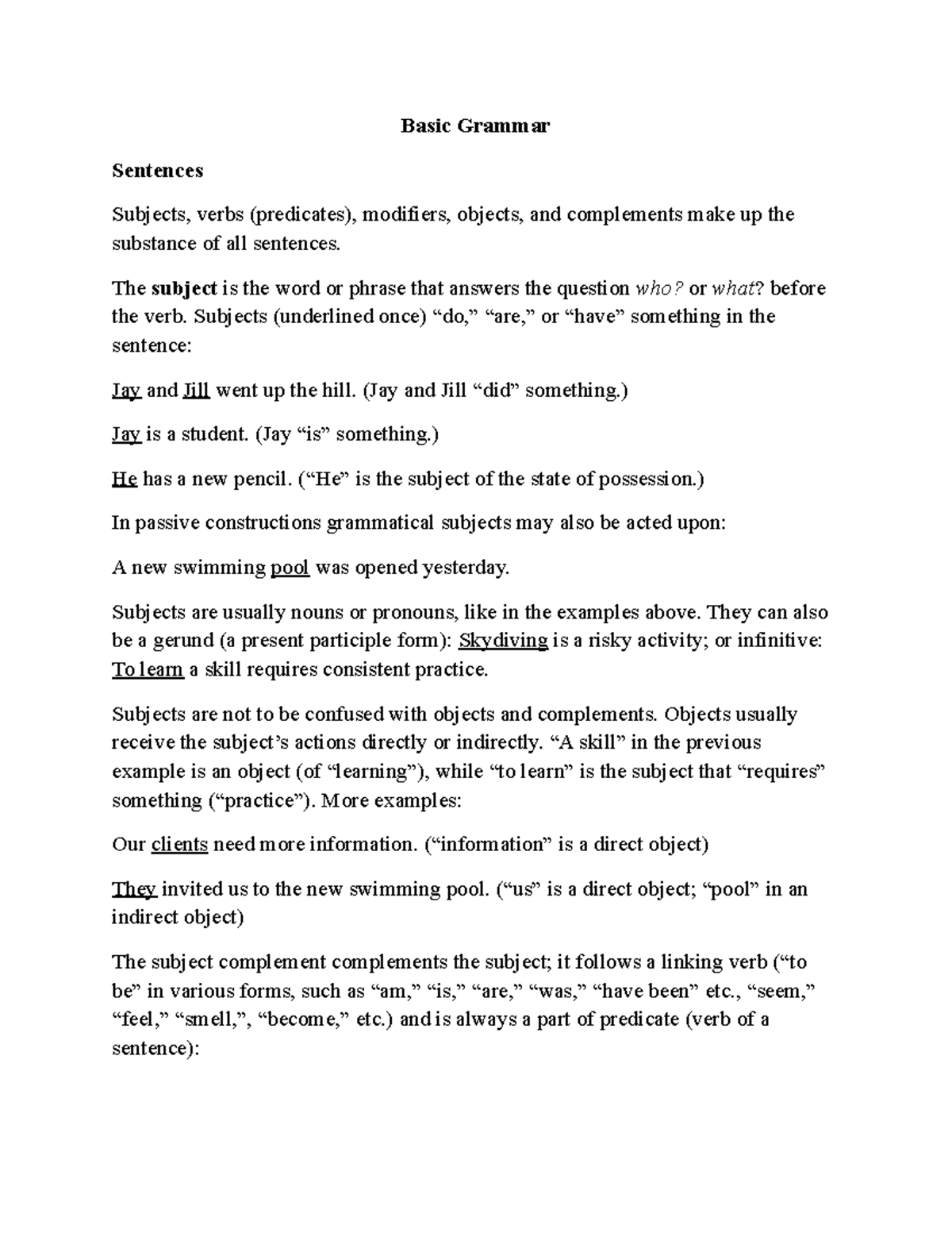Basic Grammar of English - Basic Grammar Sentences Subjects, verbs ...