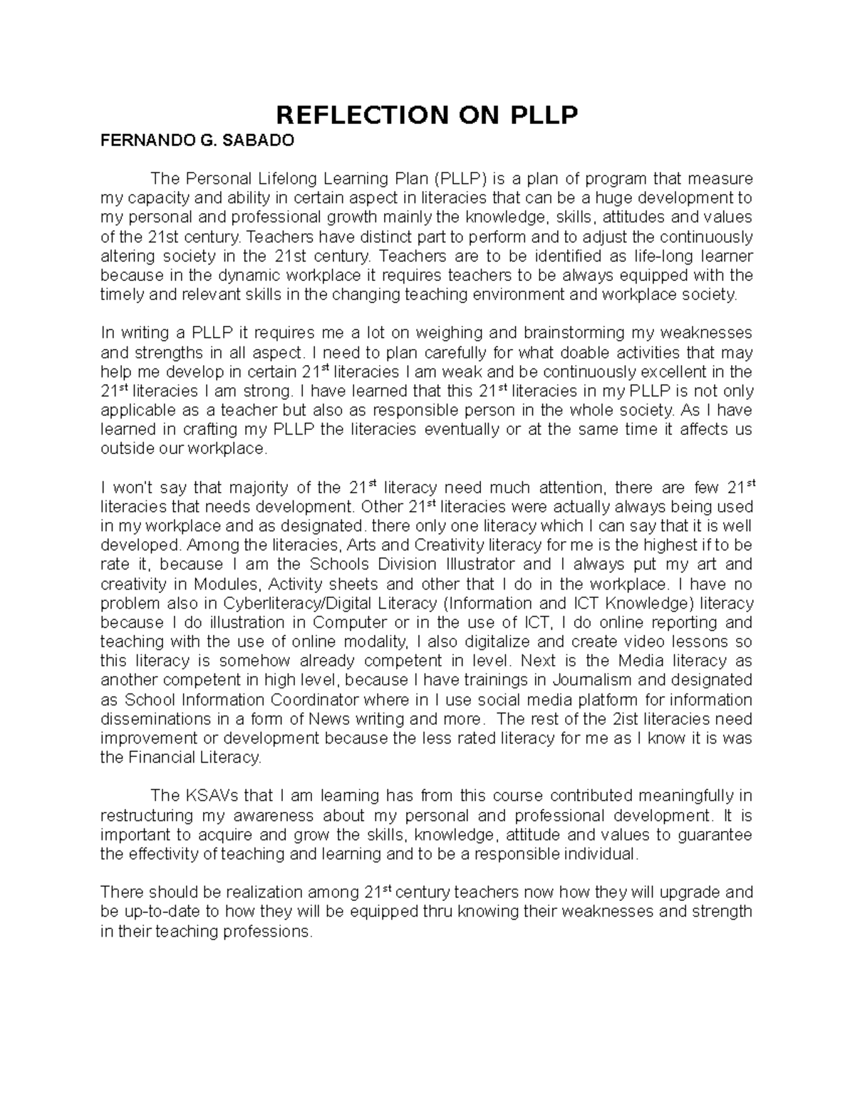 Reflection ON PLLPersonal life long learning plan - English - FEU ...