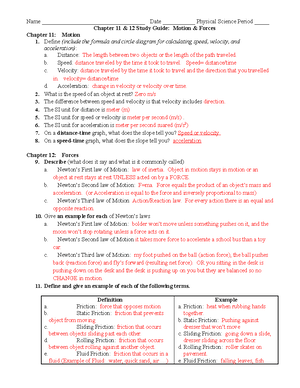 Unit 2 Motion and Forces Study Guide - KEY - Name Date - Studocu