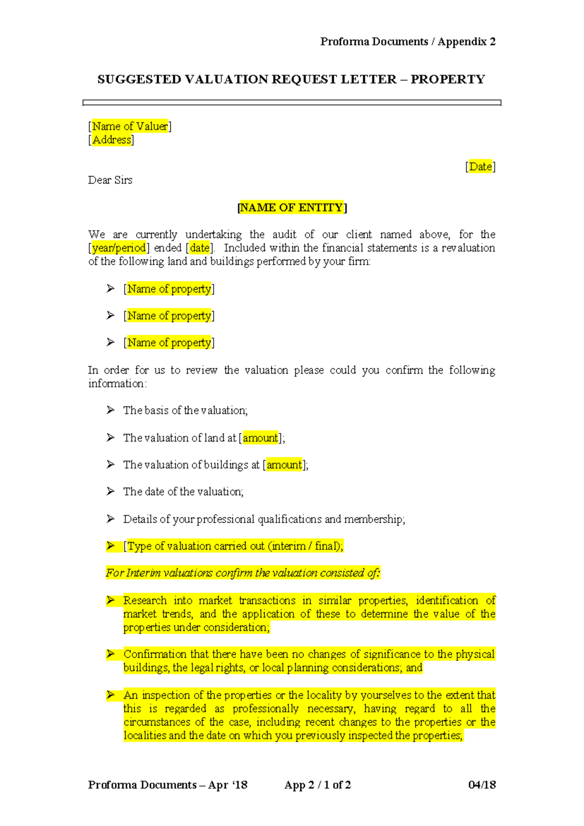 2 Valuation Request Letter - Property - Proforma Documents / Appendix 2 ...