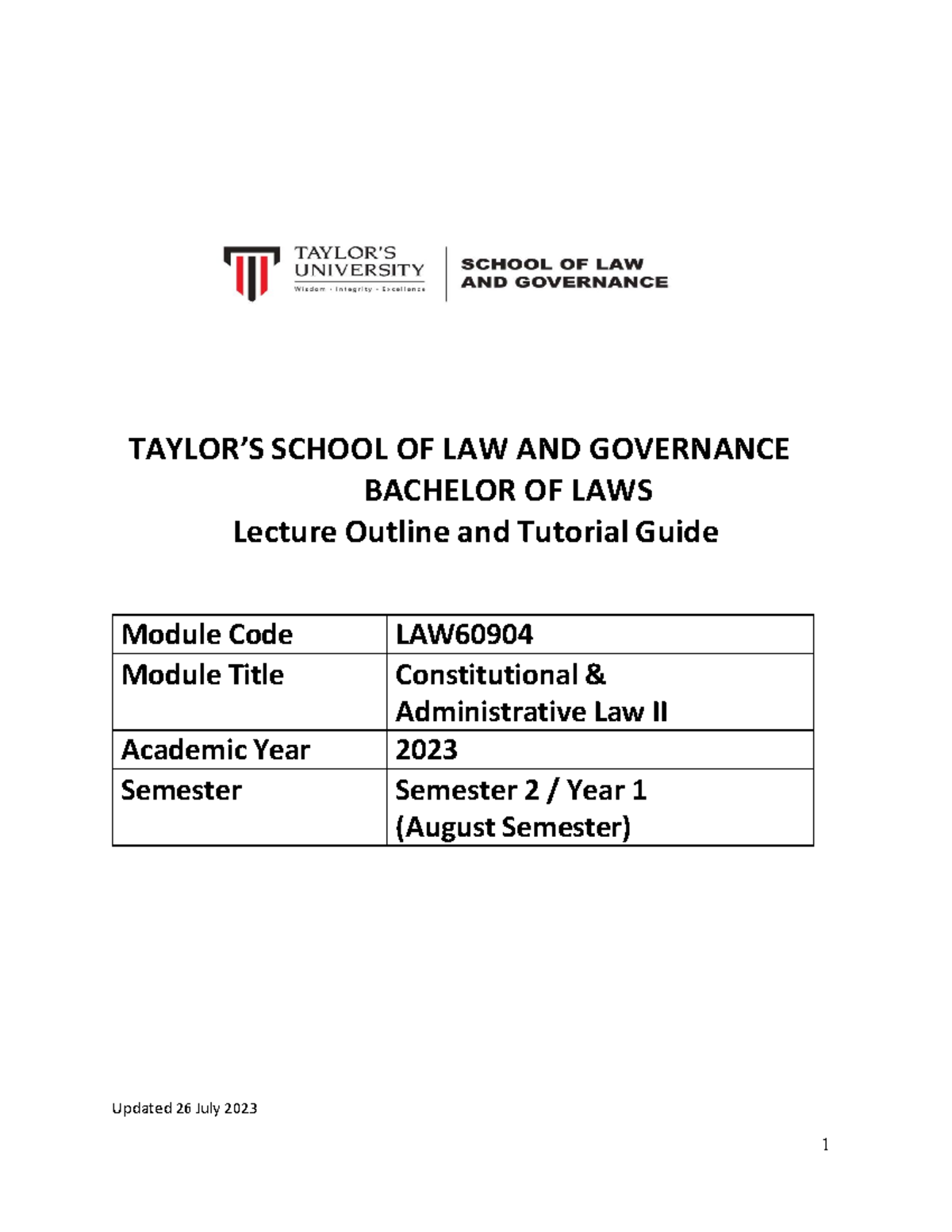Lecture and tutorial outline - TAYLOR’S SCHOOL OF LAW AND GOVERNANCE ...