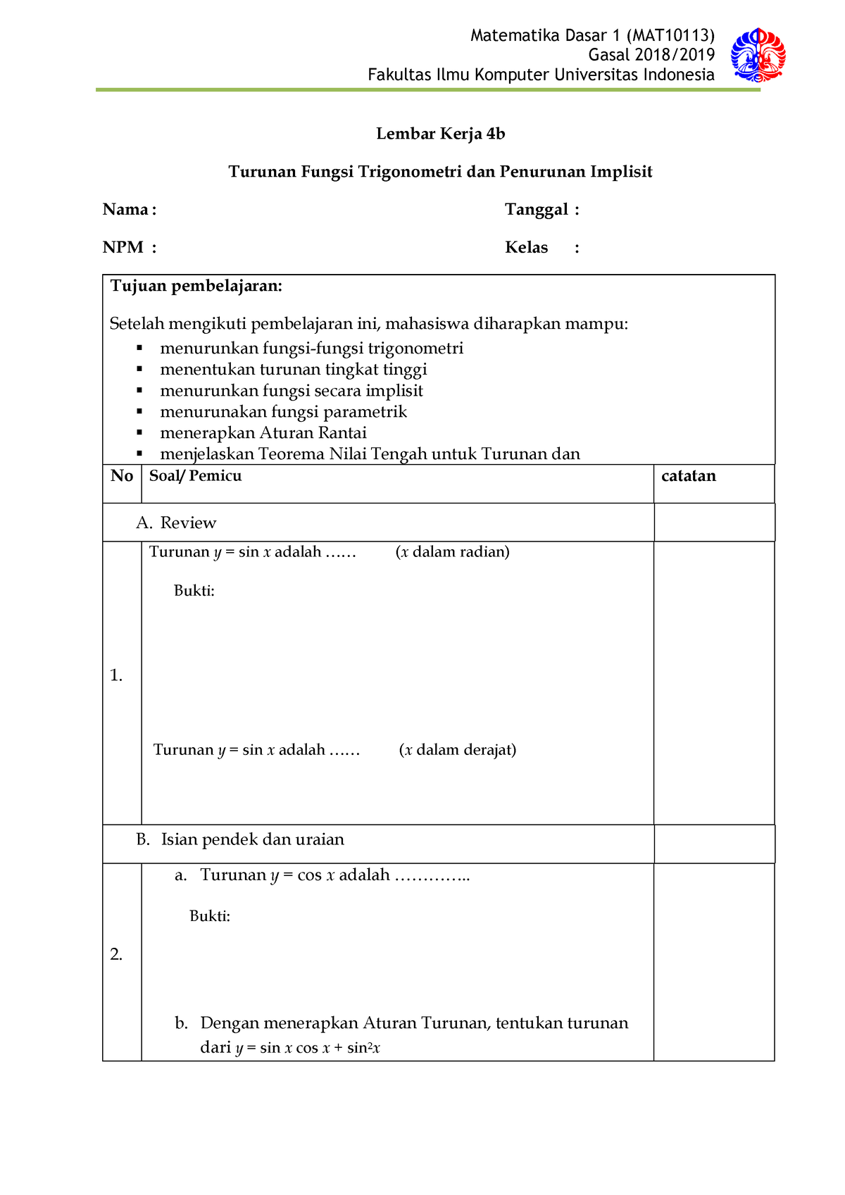 LK 4b Turunan Fungsi Trigonometri Dan Implisit - Gasal 2018/ Fakultas ...