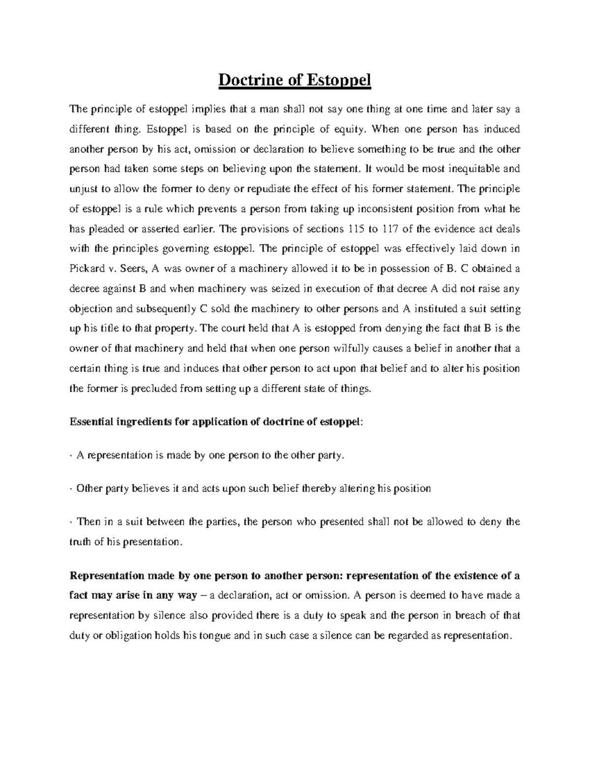 Estoppel uder law of evidencre - Doctrine of Estoppel The principle of ...