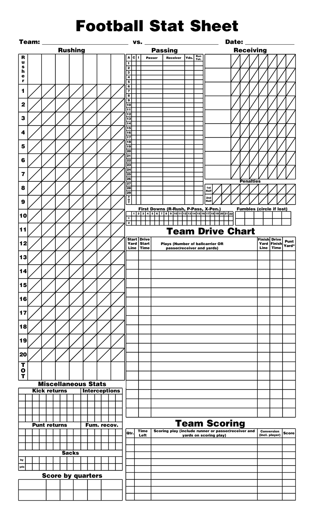 Football Stat Sheet 285532520230826 - 3 2 1 Penalties Punt returns Fum ...