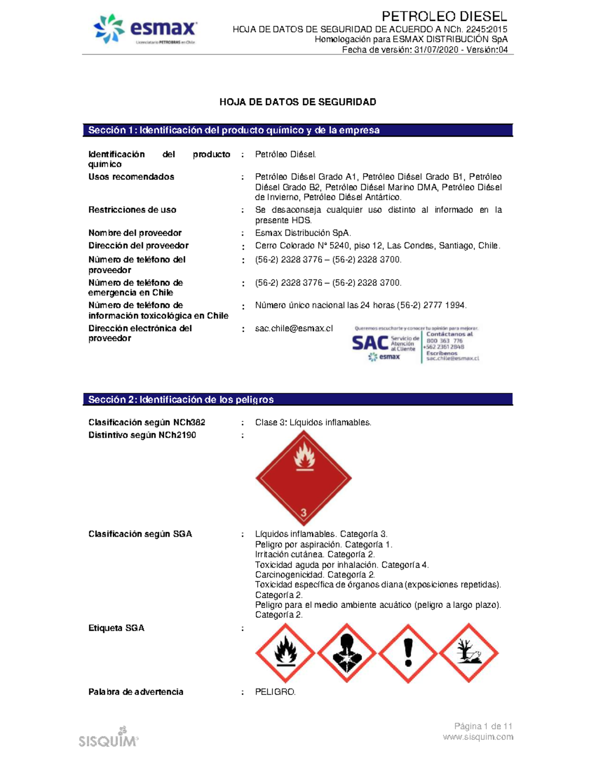 HDS Diesel - HOJA DE DATOS DE SEGURIDAD DE ACUERDO A NCh. 2245 ...