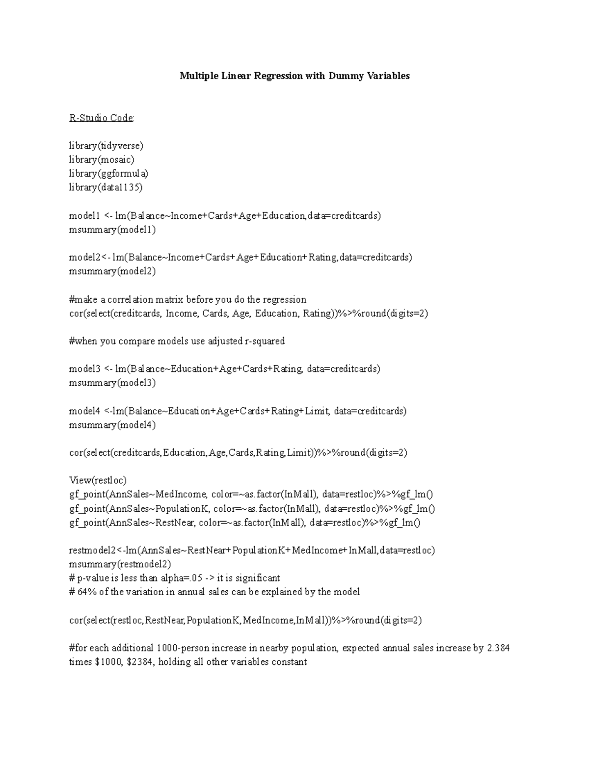 (18) Muliple Linear Regression with Dummy Variable Multiple Linear