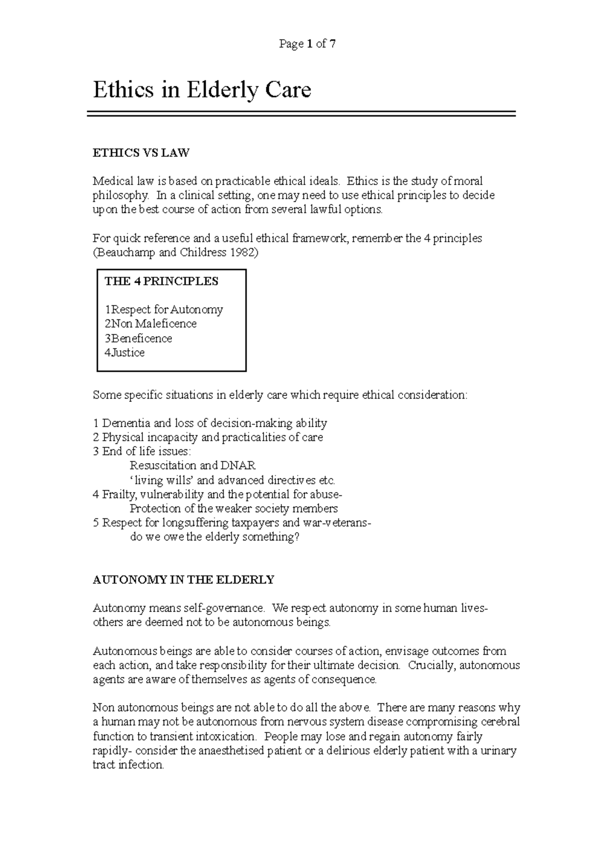 Lecture notes, lecture Ethics in Elderly Care Ethics in Elderly Care