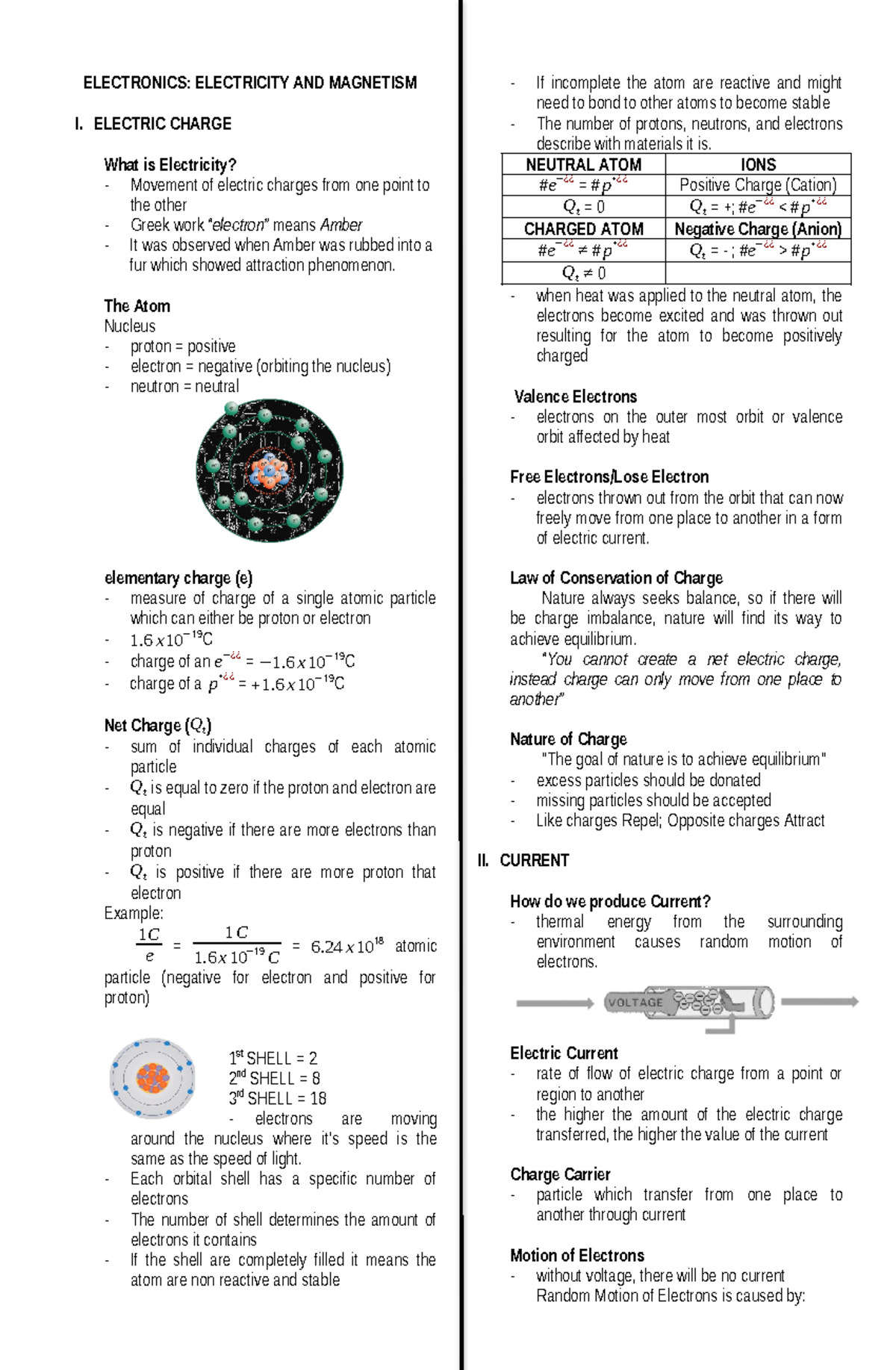 Elecs Notes - ELECTRONICS: ELECTRICITY AND MAGNETISM I. ELECTRIC CHARGE ...
