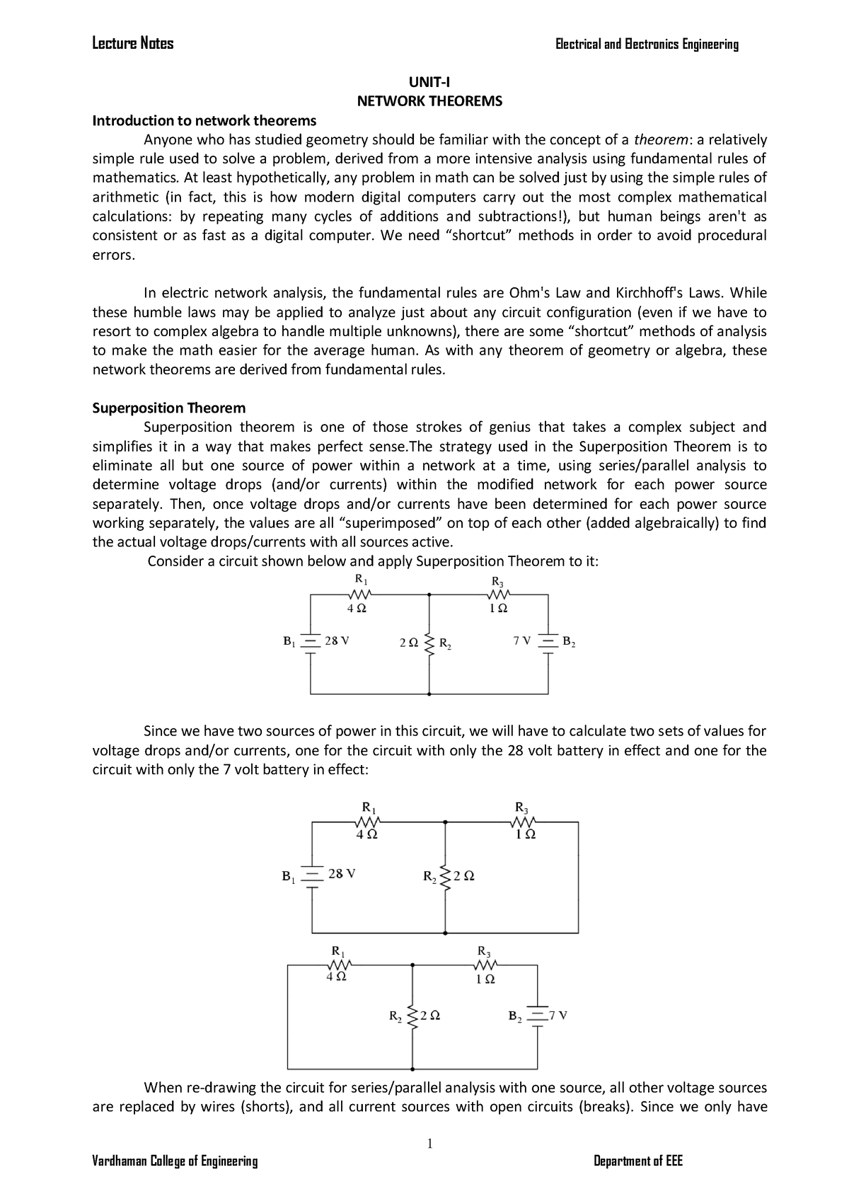 Electrical Circuit Analysis - 1 UNIT-I NETWORK THEOREMS Introduction To ...