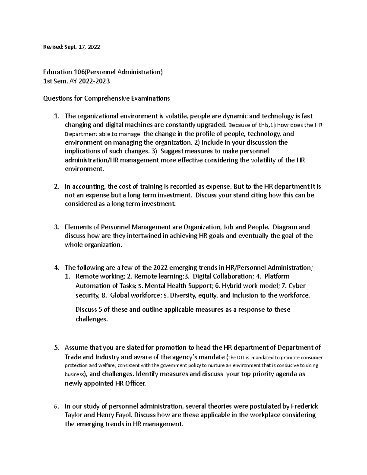 Revised Comprehensive Examiniation Questions for 1st sem of AY 2022 ...