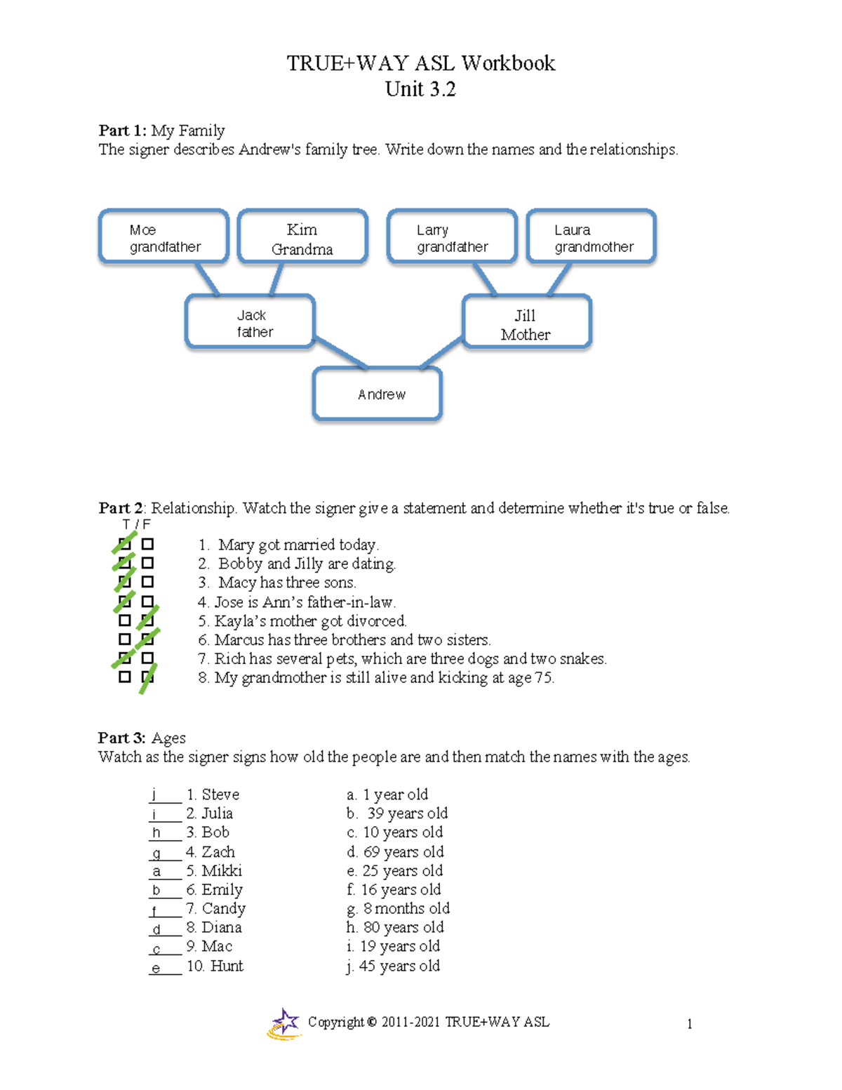 ASL 3 asl materials TRUE+WAY ASL Workbook Unit 3. 1 Part 1 My