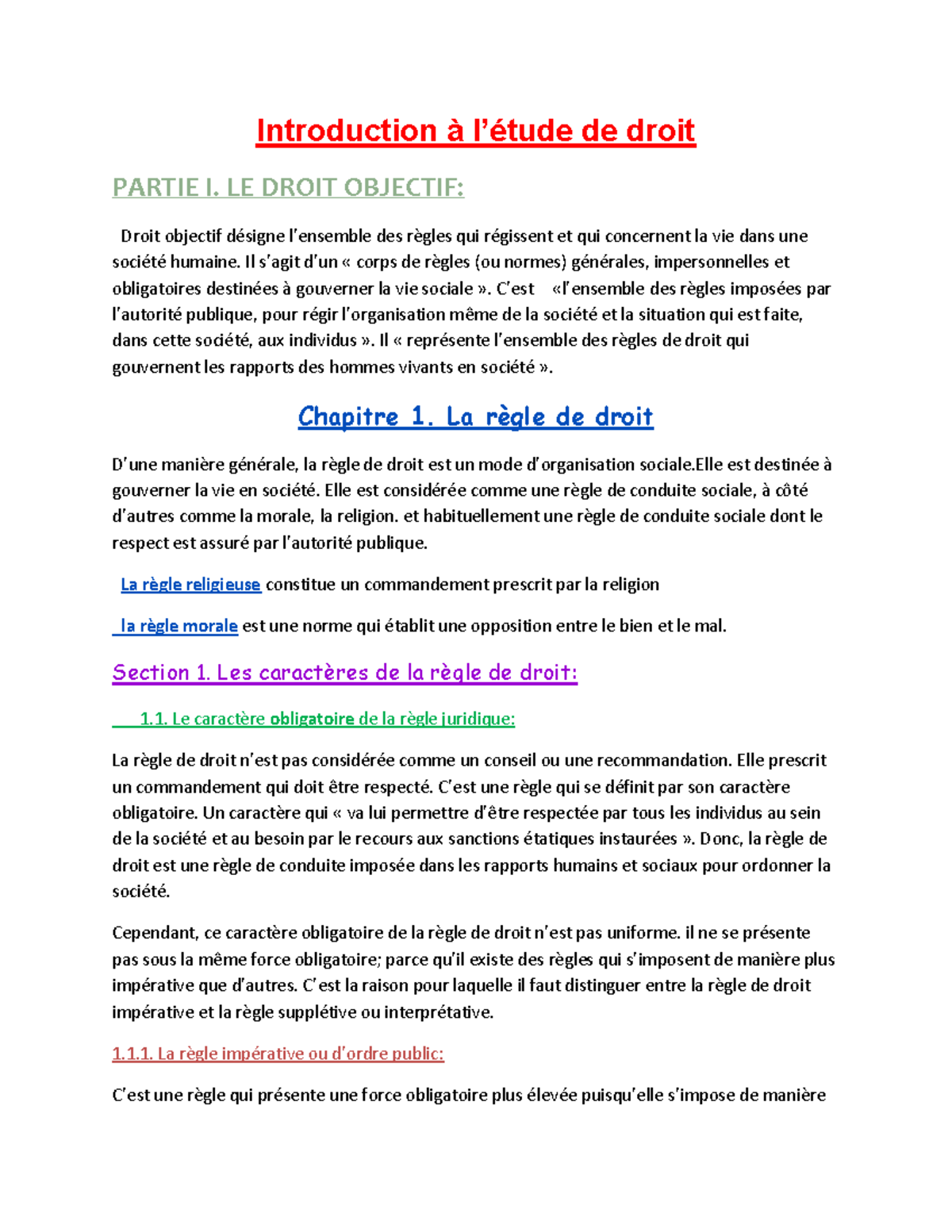 Droit 1 - Introduction à l’étude de droit PARTIE I. LE DROIT OBJECTIF ...