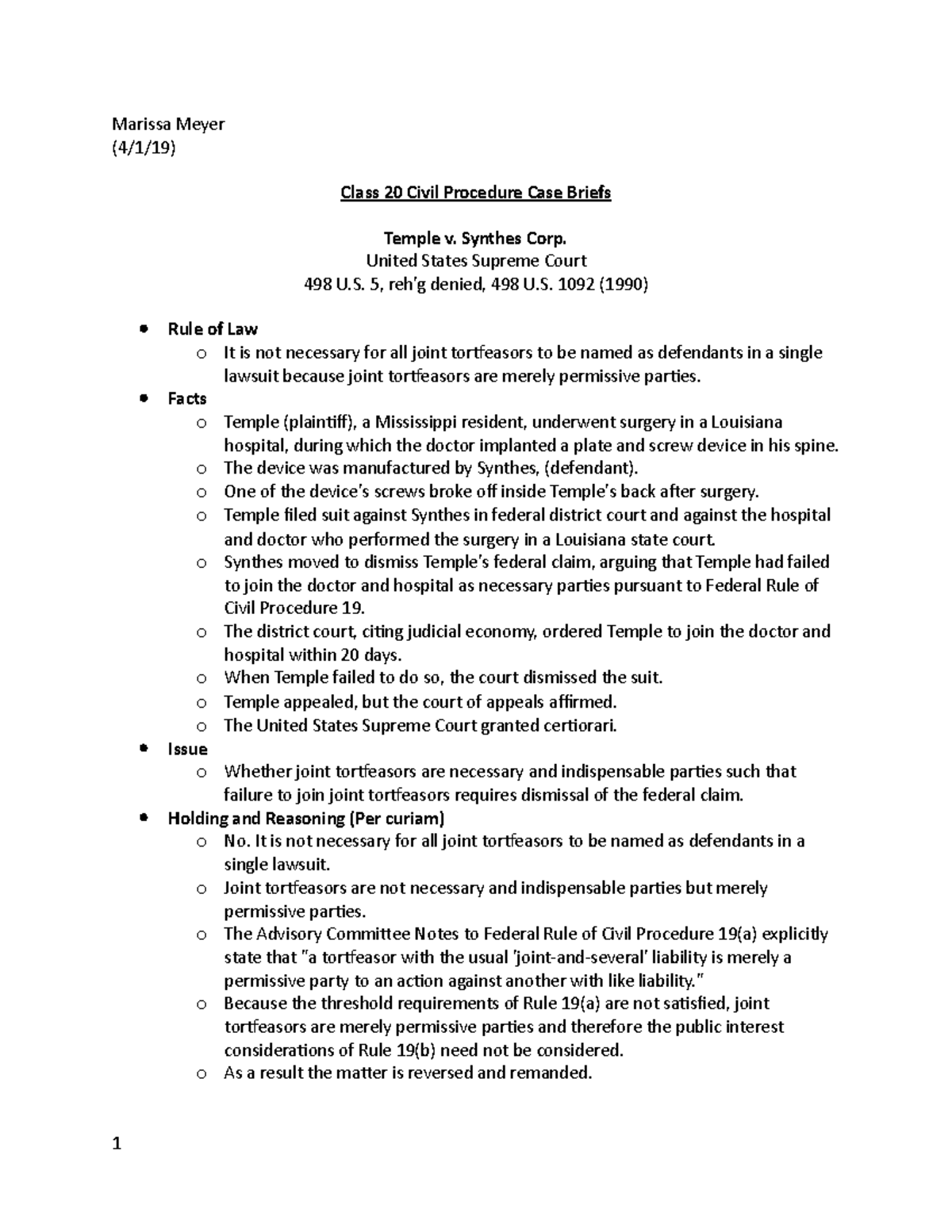 Class 20 Civil Procedure Case Briefs - Synthes Corp. United States ...