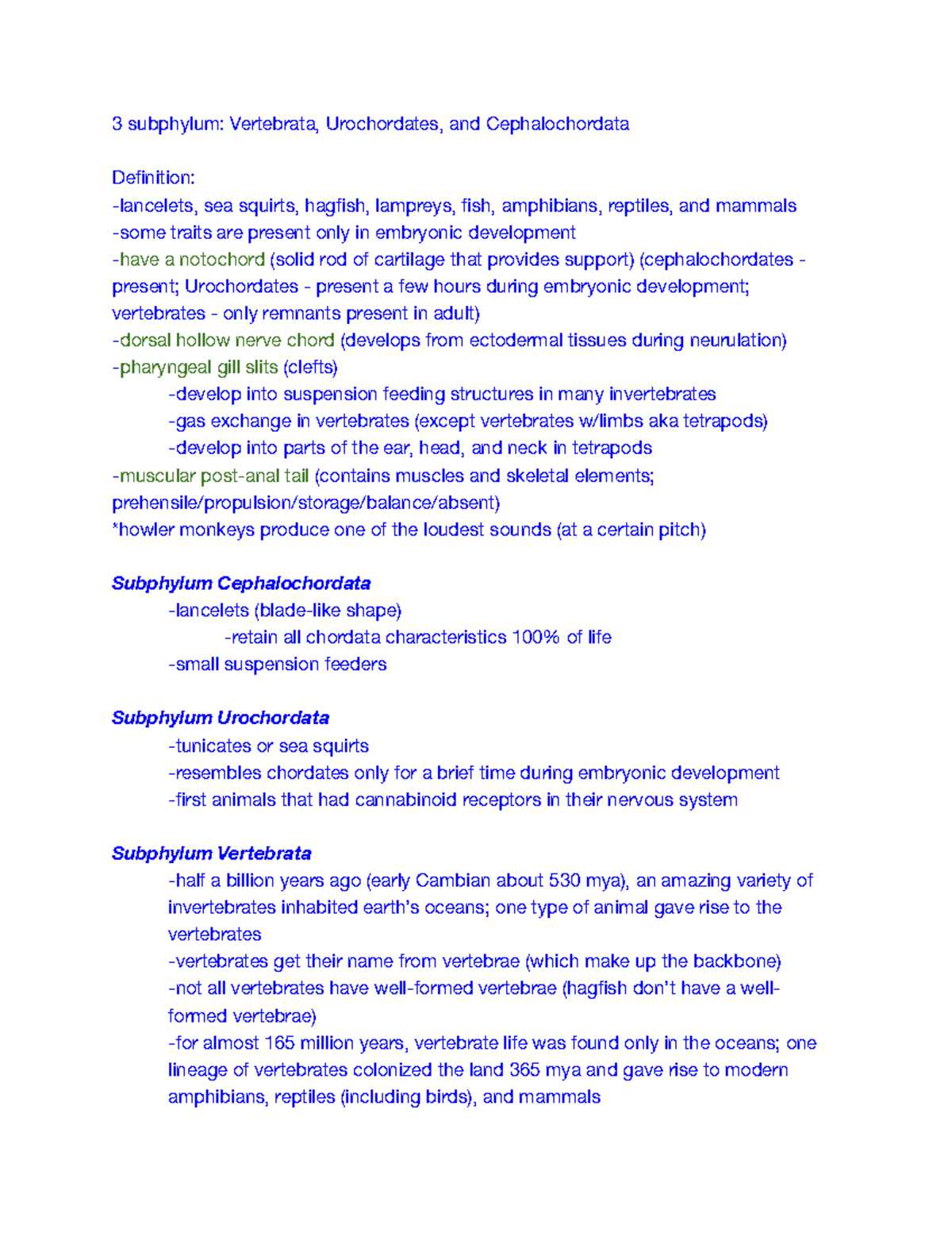 Prof Wilson Chordata Notes - 3 subphylum: Vertebrata, Urochordates, and ...
