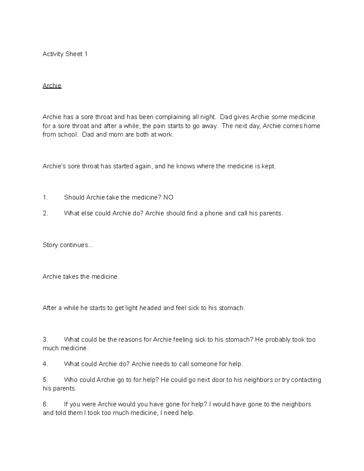- Activity Sheet 1 - Prof g - Activity Sheet 1 Archie Archie has a sore ...