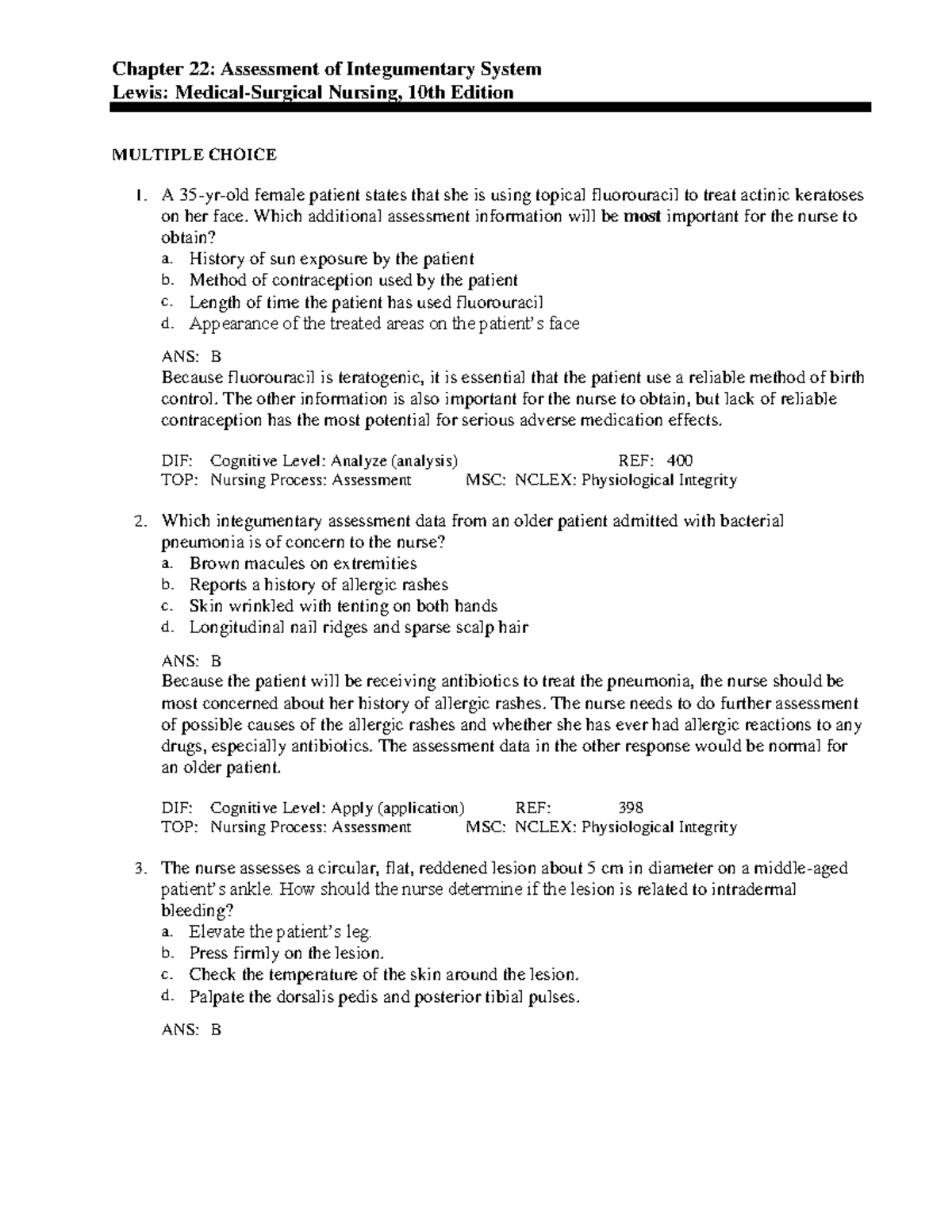 C22 - Bank chapter 22 - Chapter 22: Assessment of Integumentary System ...