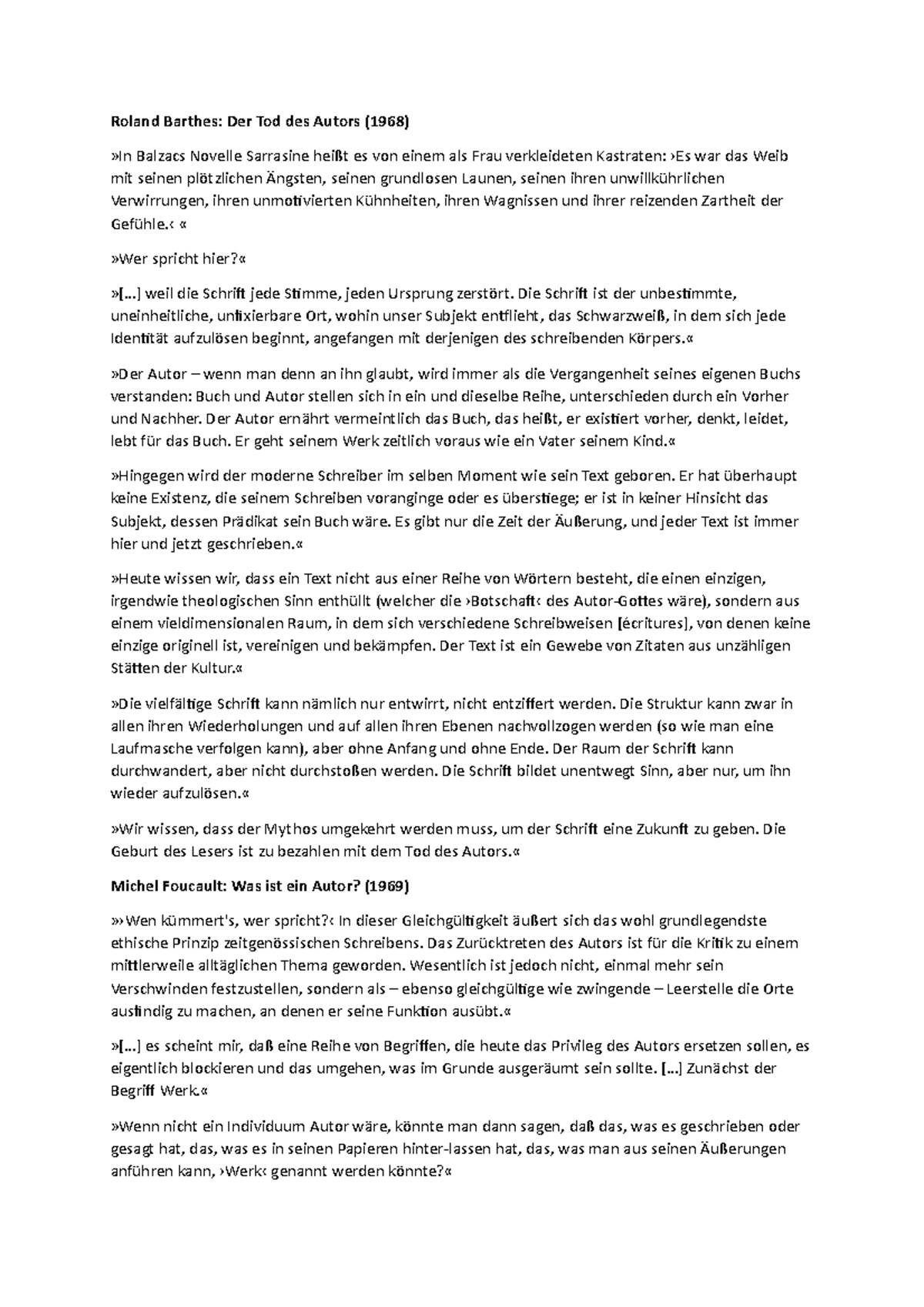 Barthes, Foucault und der Tod des Autors Roland Barthes Der Tod des