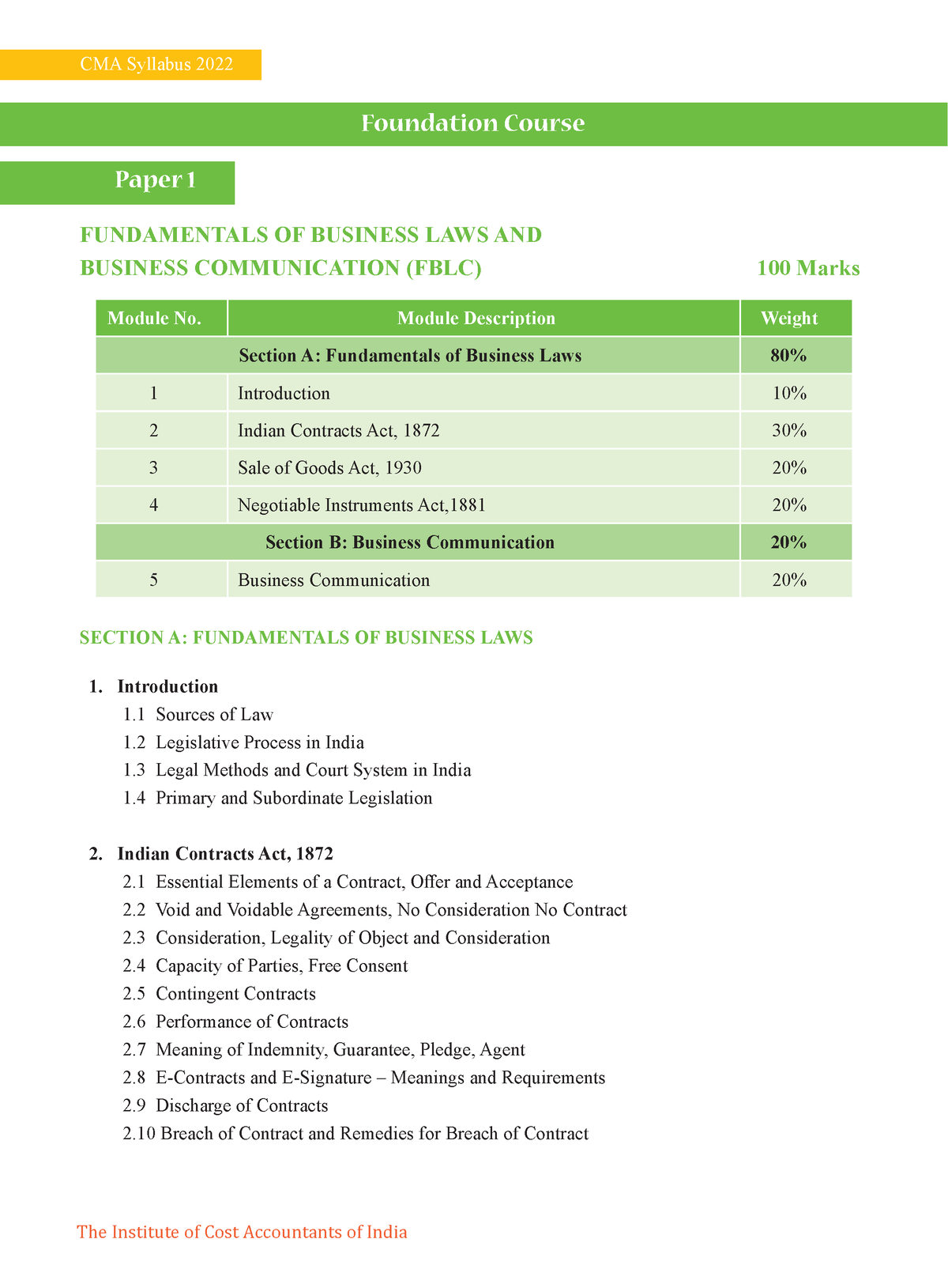 Syllabus of cma The Institute of Cost Accountants of India CMA