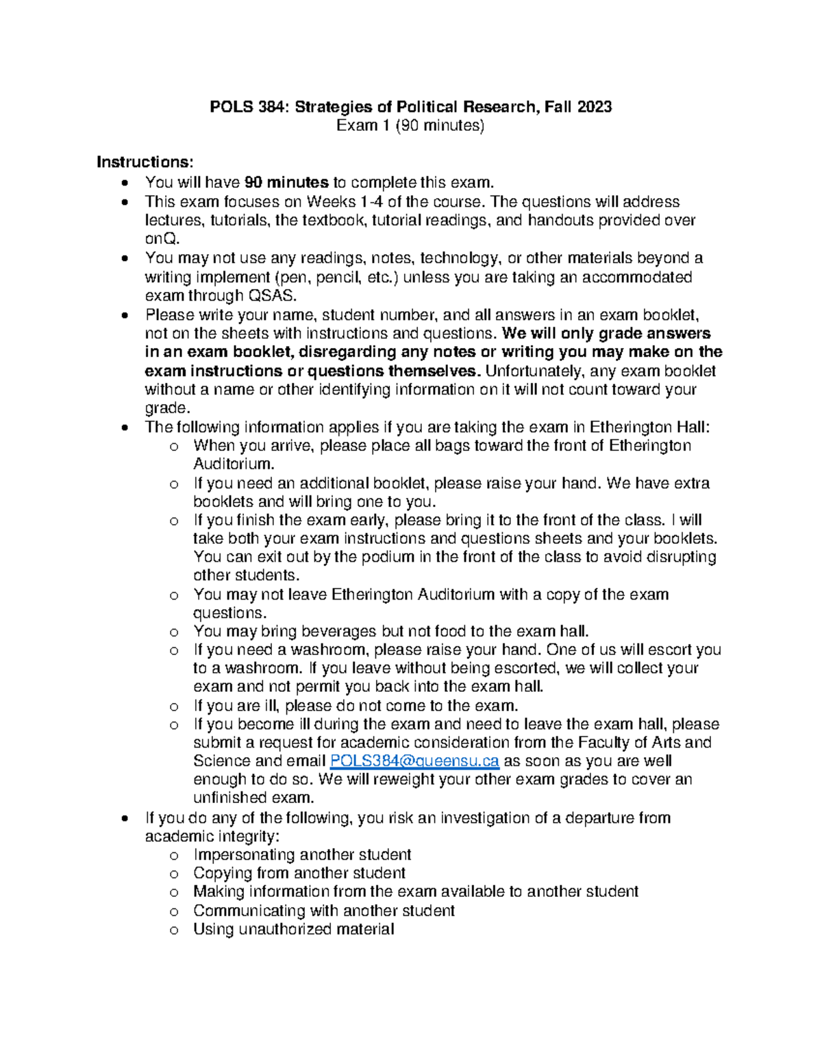 Fall 2023 Exam 1 exam 1 practice multiple choice questions POLS 384 Strategies of Political