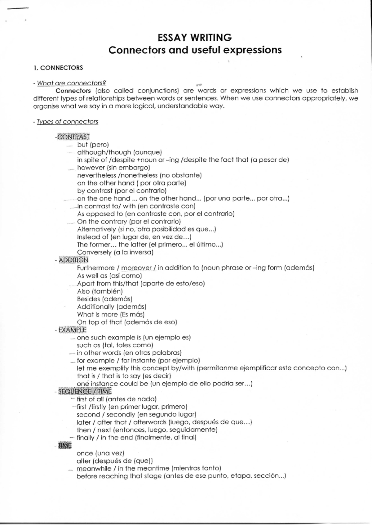 Connectorsforessays Inglés Studocu