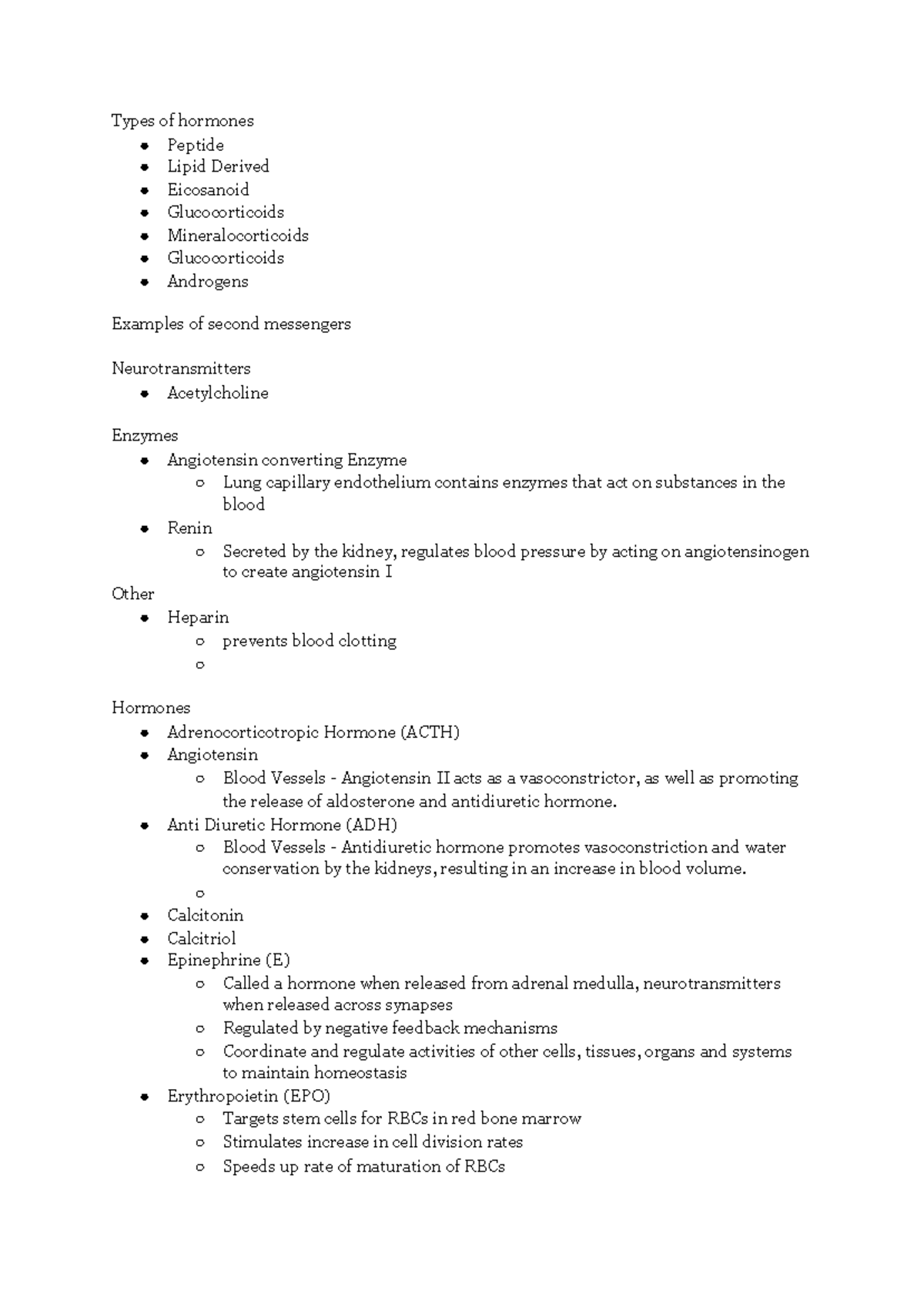 Hormones Chart (YEAR 1 A&P Version) - Types of hormones Peptide Lipid