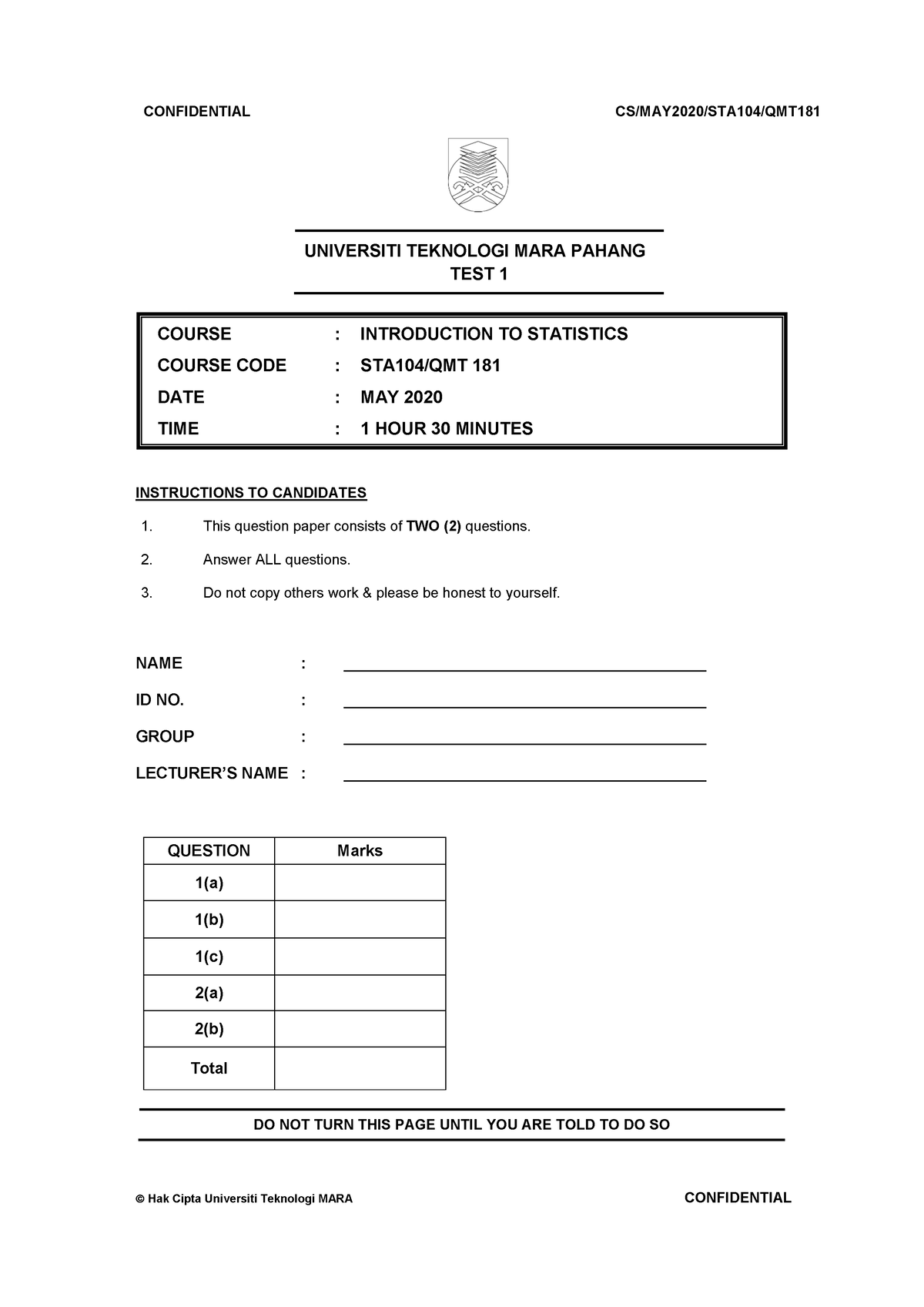 PYQ INTRODUCTION TO STATISTICS - UNIVERSITI TEKNOLOGI MARA PAHANG TEST ...