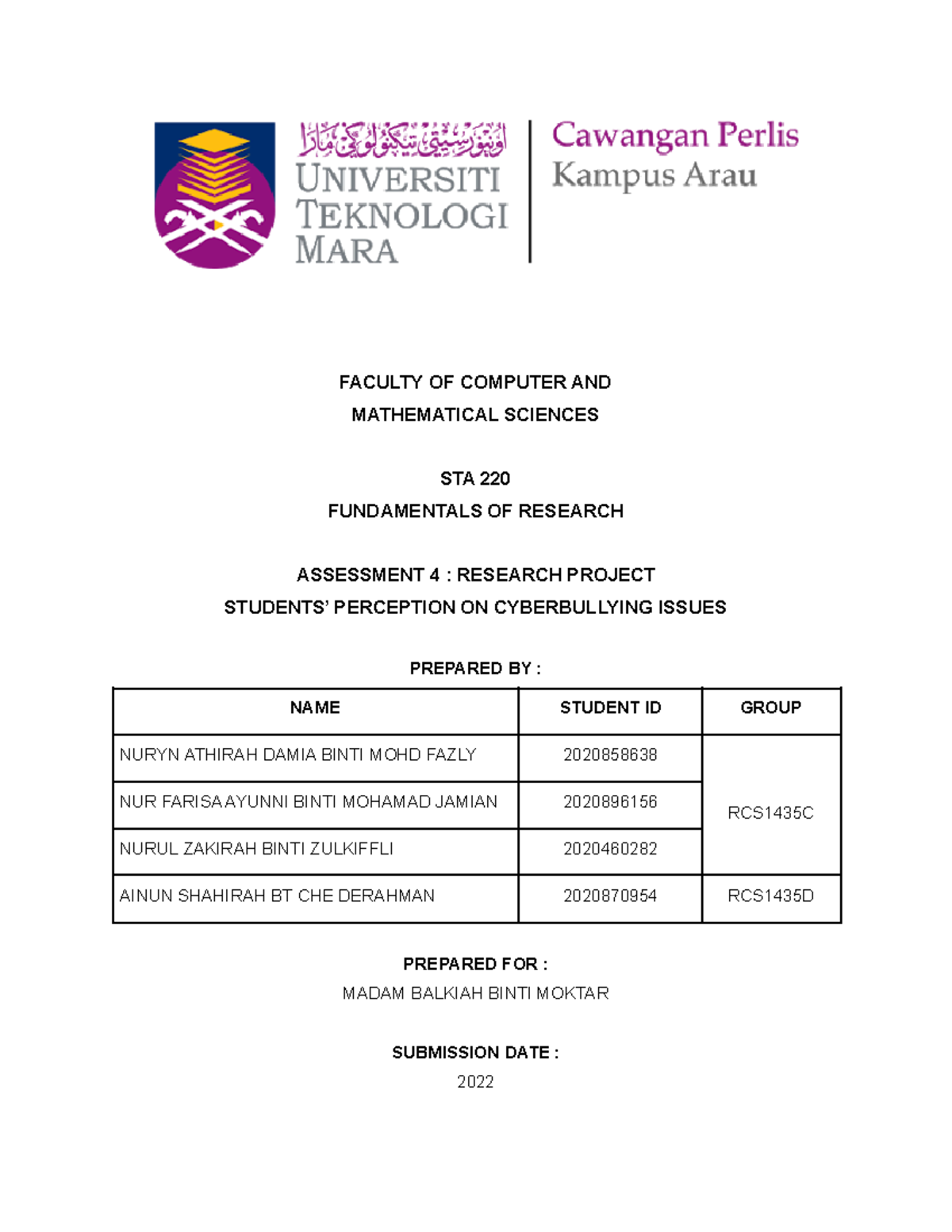 STA 220 - Assessment 4 - GOOD - FACULTY OF COMPUTER AND MATHEMATICAL ...