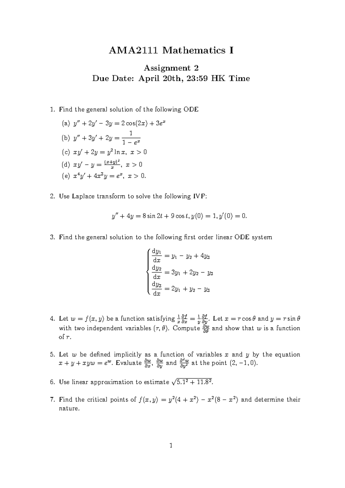 Assignment 2 - AMA2111 Mathematics I Assignment 2 Due Date: April 20th ...