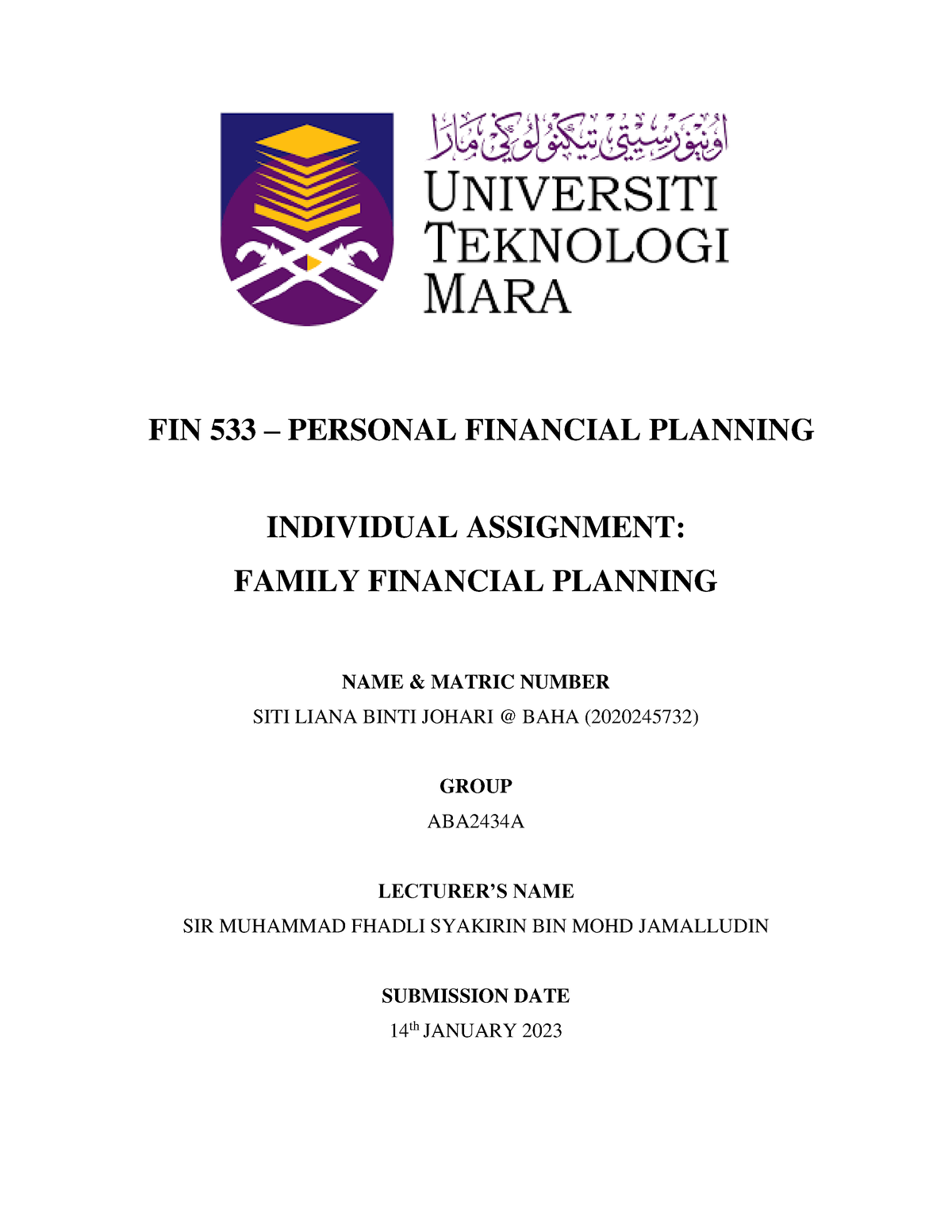 fin533 individual assignment family financial planning