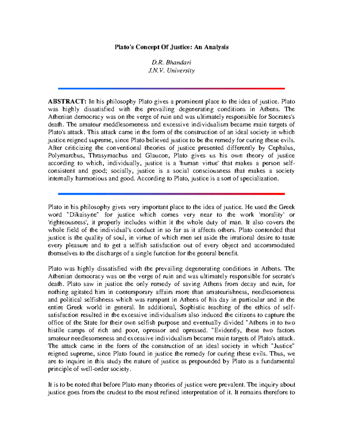 Plato - Plato's Concept Of Justice: An Analysis D. Bhandari J.N ...