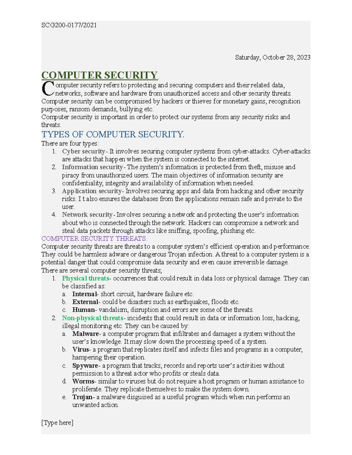 Computer Security - SCG200-0177/ Saturday, October 28, 2023 COMPUTER ...