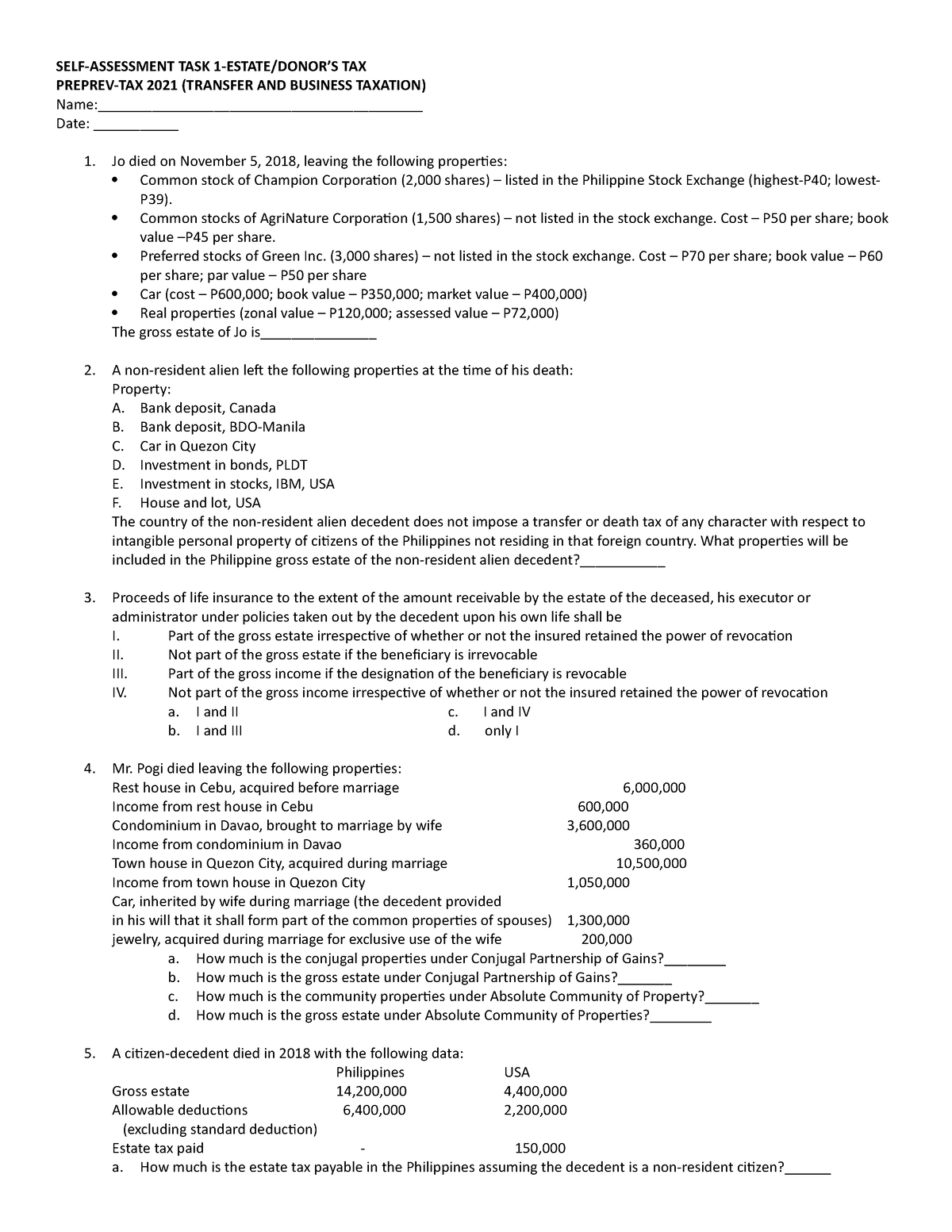 SELF- Assessment TASK 1-04 - SELF-ASSESSMENT TASK 1-ESTATE/DONOR’S TAX ...