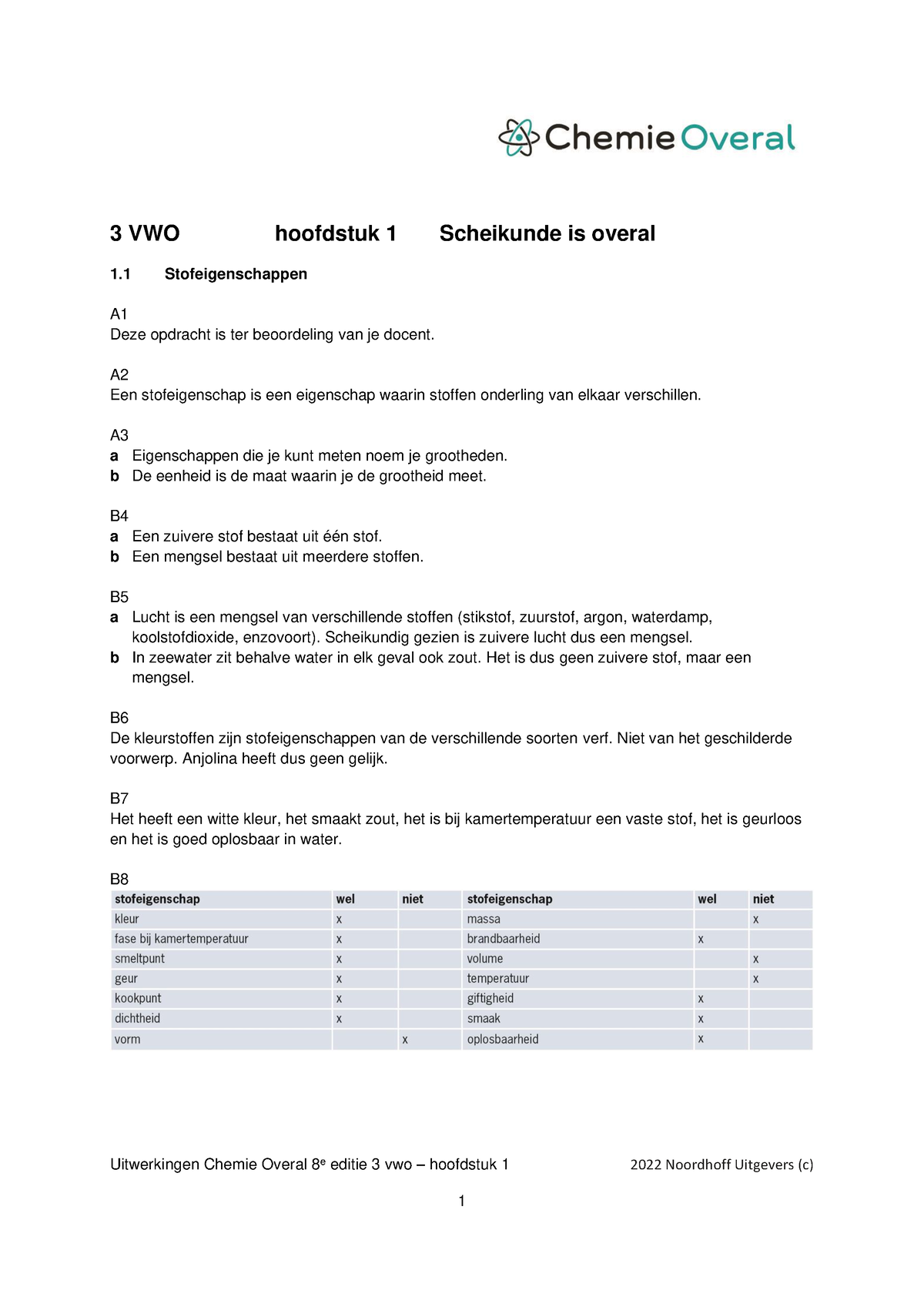 Chemie Overal - 8e Editie - Uitwerkingen - 1.1 - Uitwerkingen Chemie ...