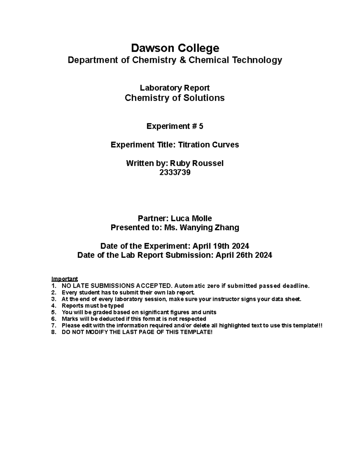 Titration Curves Lab Report Dawson College Department of Chemistry