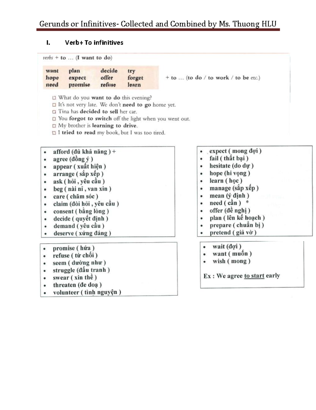 Ving or to V. Theory and exercises - I. Verb+ To infinitives II. Verb ...