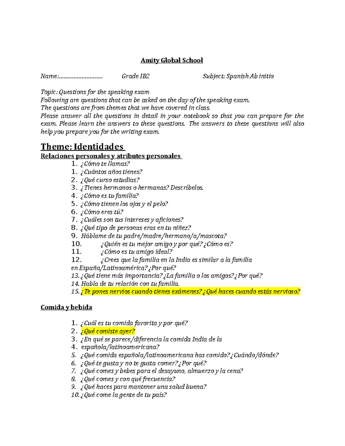 IB2 questions for speaking exam - Amity Global School Name ...