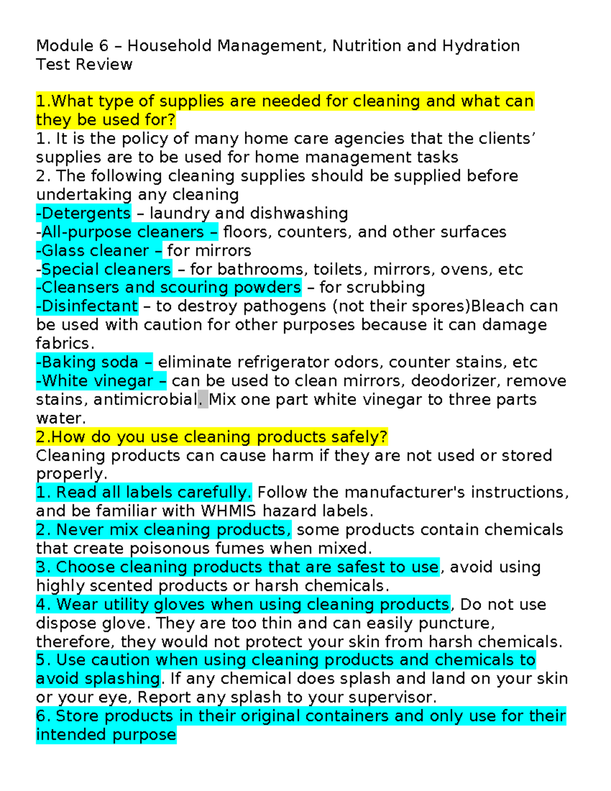 Module 6 - Household Management, Nutrition And Hydration Test Review ...