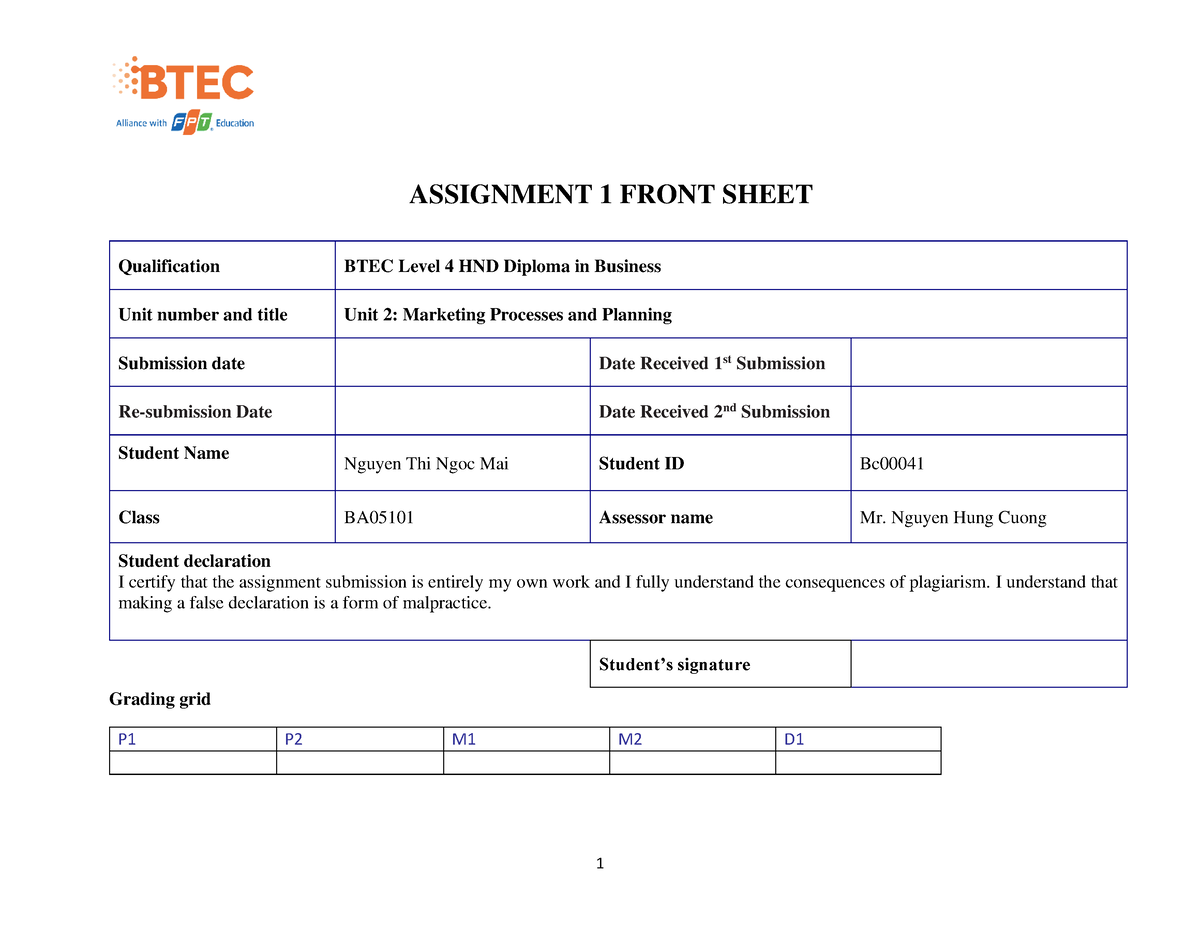 BA05101 Nguyen Thi Ngoc Mai BC00041 Assignment 1 - ASSIGNMENT 1 FRONT ...