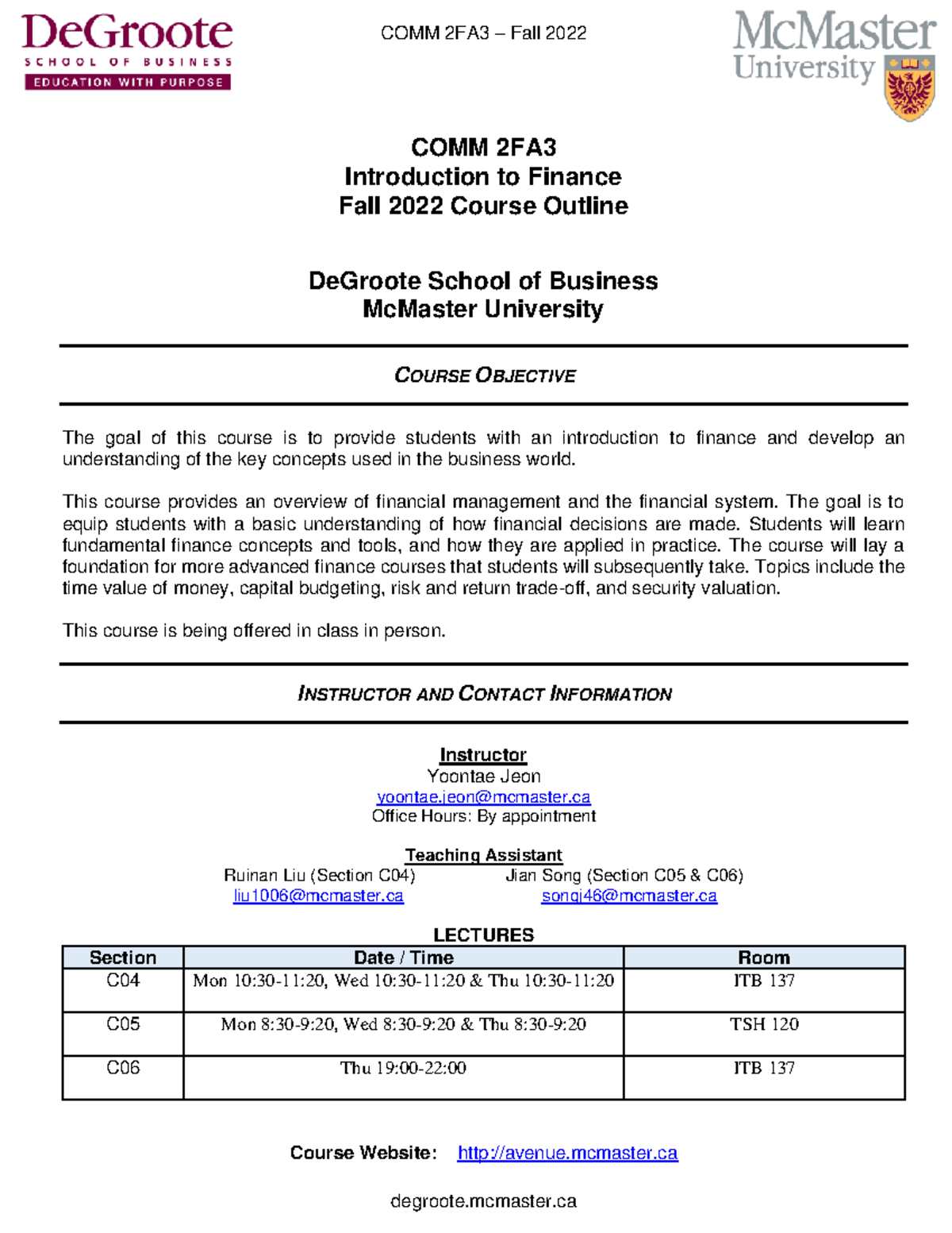 Course Outline COMM 2FA3 Fall2022 - Section C04-C06 - COMM 2FA ...