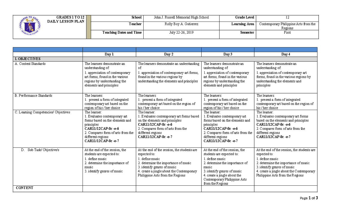 DLL-CPAR8th-WEEK - DLL - GRADES 1 TO 12 DAILY LESSON PLAN School John J ...