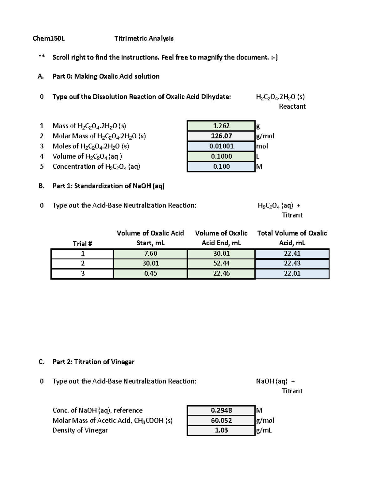 Chemistry Lab 8 Chem150L Titrimetric Analysis ** Scroll right to find