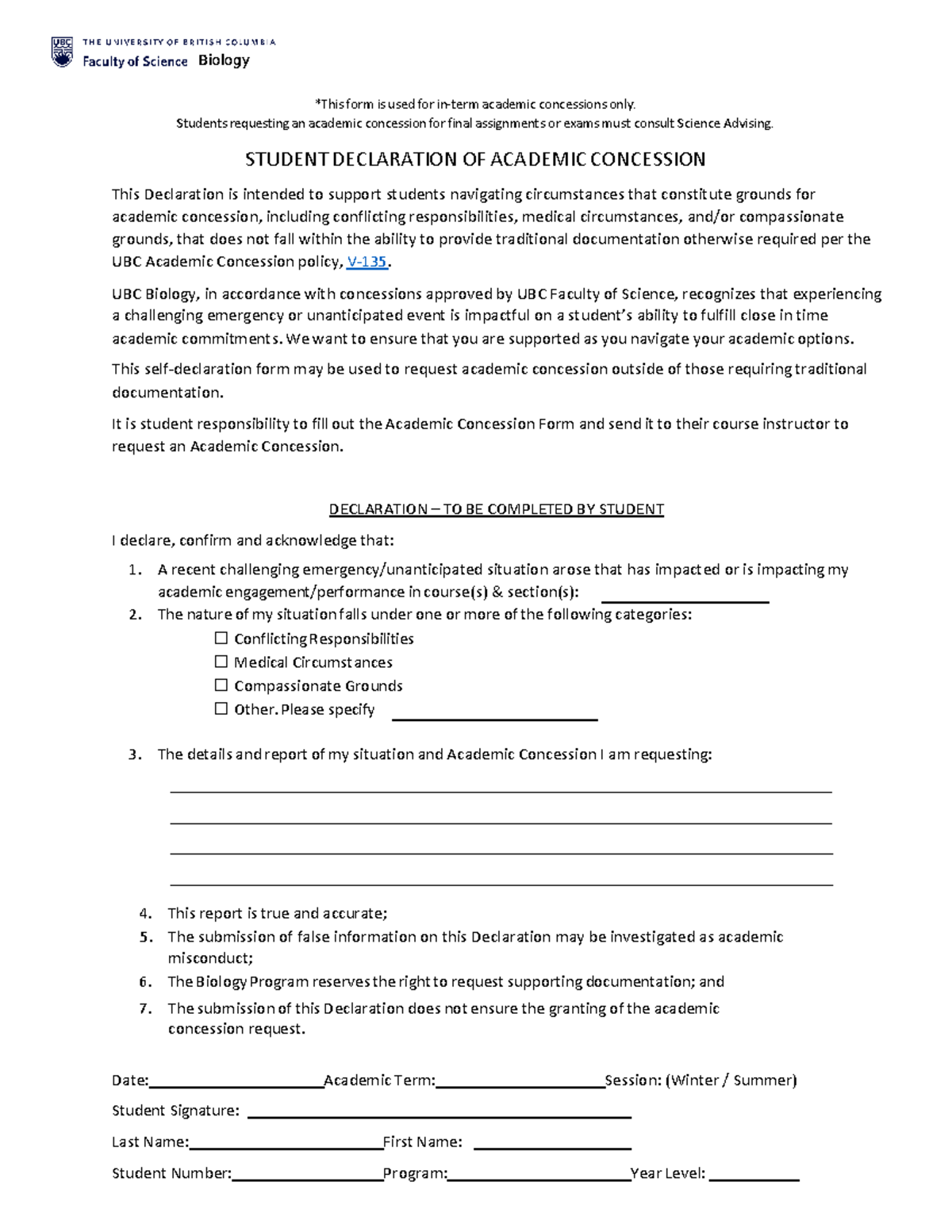 Academic-Concession-Form-2022W - Biology *This form is used for in-term ...