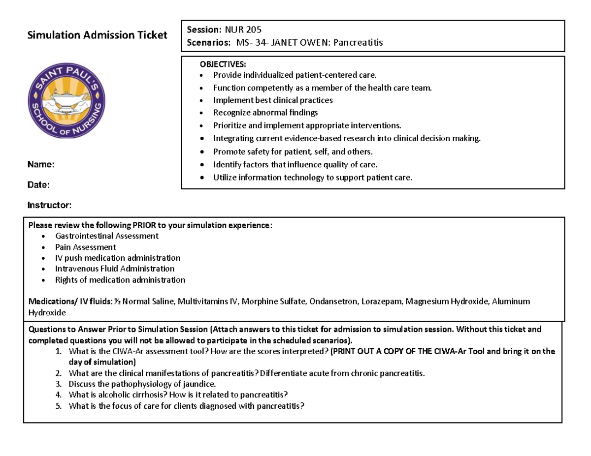 OWEN Admission Ticket Simulation Admission Ticket Name Date