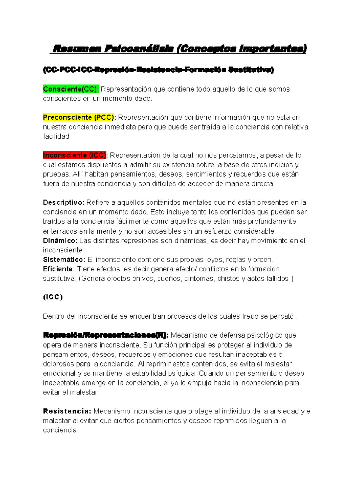 Resumen Psicoanalisis - Preconsciente (PCC): Representación que ...