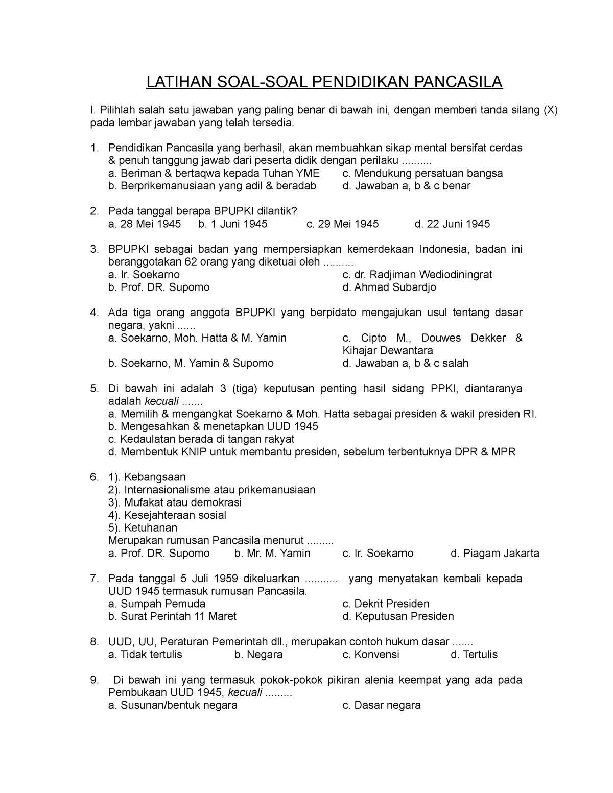 Soal Dan Jawaban UAS UTS Pendidikan Pancasila - LATIHAN SOAL-SOAL ...