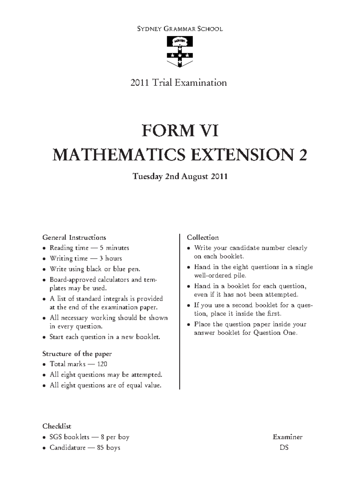 mathematicss extension 2 trial exam past paper - SYDNEY GRAMMAR SCHOOL ...