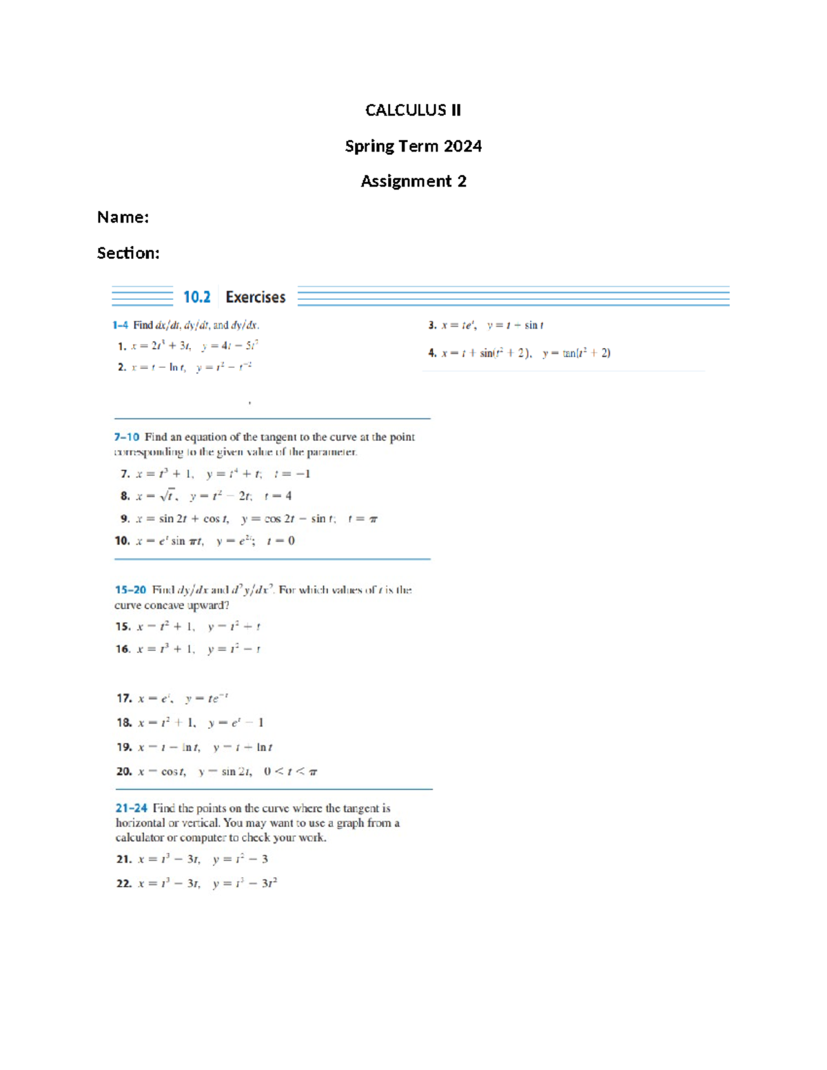 Assign Sec 10.2 Calculus 2 CALCULUS II Spring Term 2024 Assignment