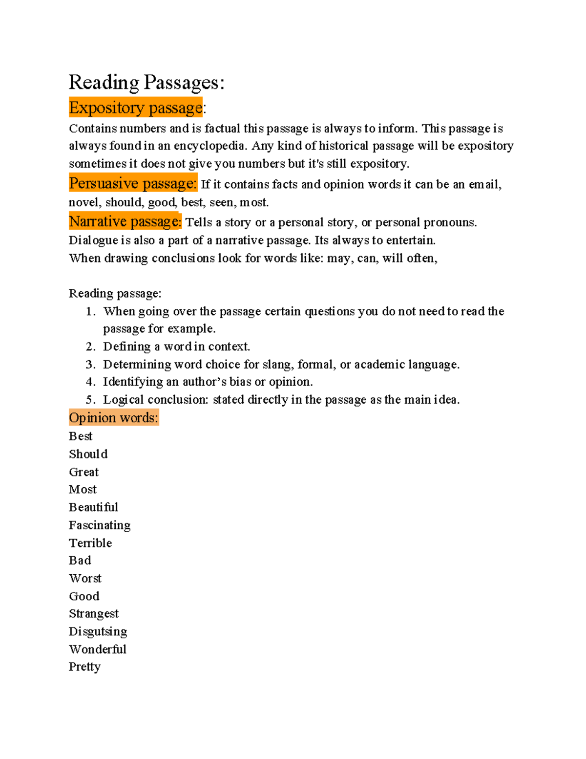 English 112 Notes - Reading Passages: Expository passage: Contains ...